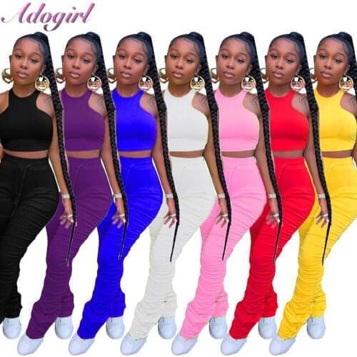 Fitness Women Sport Two Piece Set Solid Sleeveless Crop Tank Tops Stacked Bell Bottom Joggers Sweatpants Suit Outfit Tracksuit