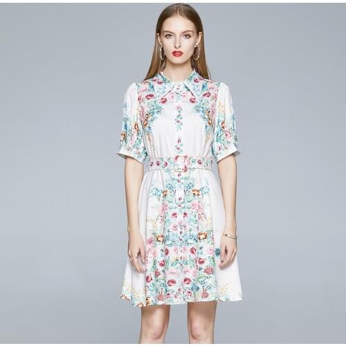 New Summer Print Floral Dress Women Lapel Single-Breasted Sash Party Dress Elegant Female Short Sleeve Flower Mini Dress k1806
