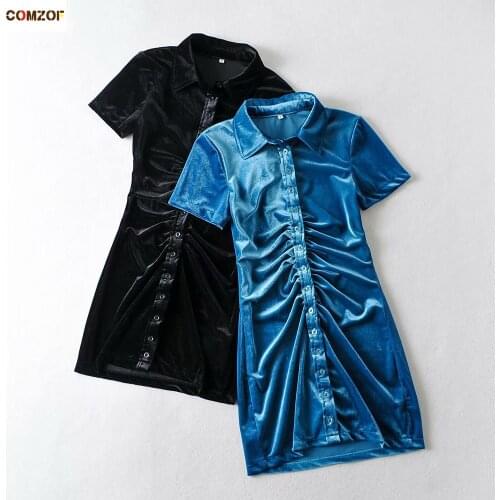 2021 Spring Summer Women Pleated Shirt Dress Short Sleeve Velvet Robe Vintage Fashion INS Velour Clothing Vestido De Mujer