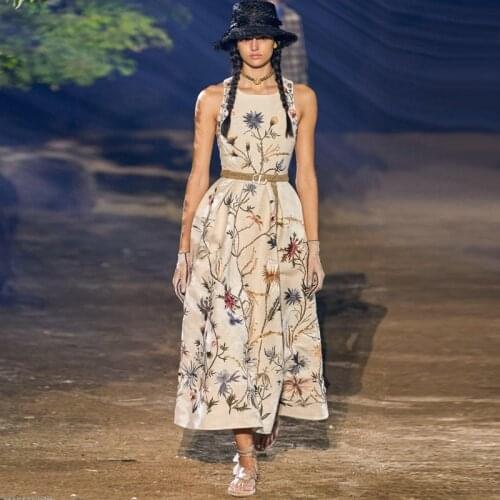 2020 Fashion Show Summer Dress Handwork Embroidery Vintage Dress Floral Sleeveless Women Dress