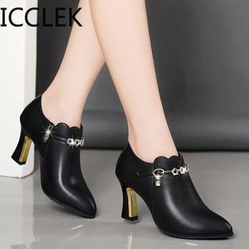 Plus Size Women Ankle Boots 2020 Winter Warm Plush Chain High Heels Dress Shoes Pointed Toe Black Booties Ladies Shoes