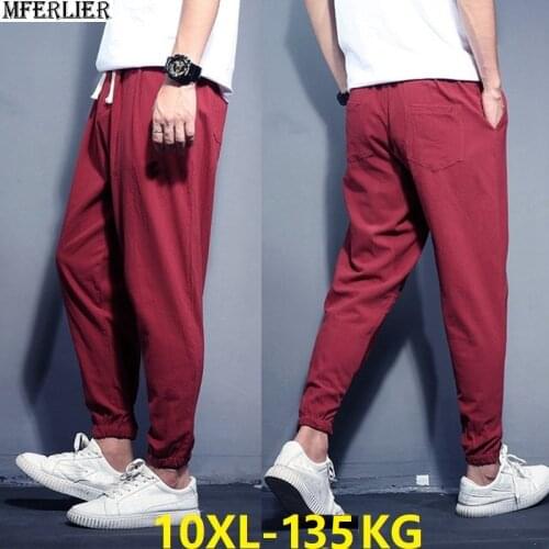 Summer Men Harlan pants chinese japanese style linen pencil pants plus size big 7XL 8XL 9XL 10XL mens pants green red navy blue