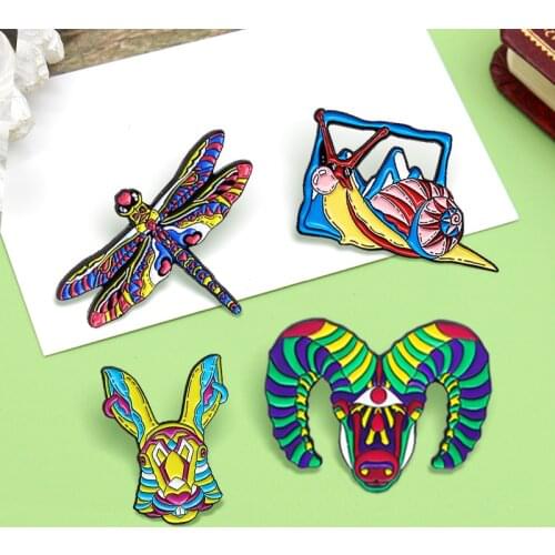 Rainbow Style Animal Enamel Pins Custom Colorful Dragonflies Snails Rabbit Bull Sheep Brooch Lapel Badge Jewelry Gift Wholesale