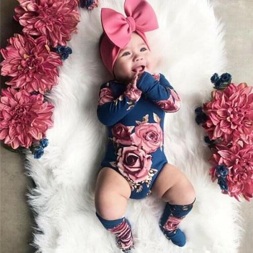 Newborn Baby Long Sleeve Romper Large Floral Print Jumpsuit Girl Warm Leg Socks Outfit 0-24M Baby Clothing