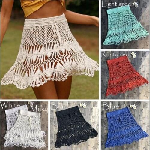 Hot Sale Boho Cotton Crochet Knitted Mini Skirts Women Summer High Waist Beach Hollow Out Mini Skirt Cool