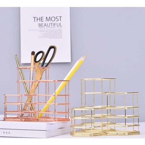 Creative Ins Metal Gold Iron Hexagonal Pen Holder Desktop Organizer Storage Holder Box School Office Stationery