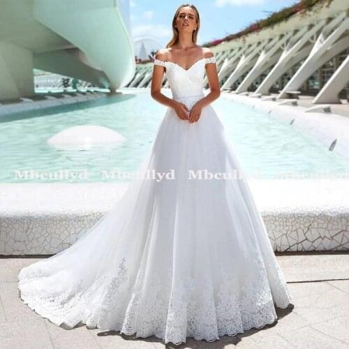 Mbcullyd Princess A Line Wedding Dress 2020 Lace Applique Beaded Sash Long Elegant Tulle Bride Dress with Train vestido novia