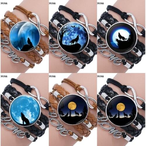 Mendittorosa Jewelry Classic Glass Cabochon Multilayer Black/Brown Leather Bracelet Bangle Fashion For Women Wolf