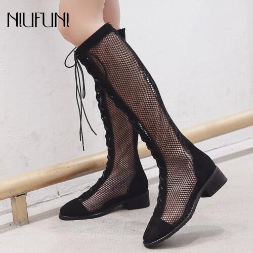 NIUFUNI Fashion Summer Knee High Boots Women Breathable Cross Tied Gladiator Sandals Botas Mujer Casual Lady Low Heel Boot Shoes
