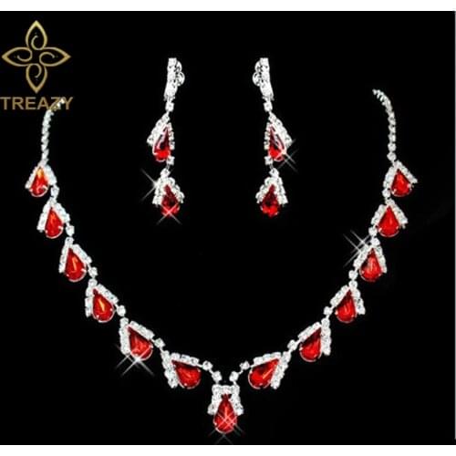TREAZY Fashion Red Crystal Teardrops Bridal Jewelry Set Necklace Earrings Brides Wedding Jewelry Set Party Costume Accessories