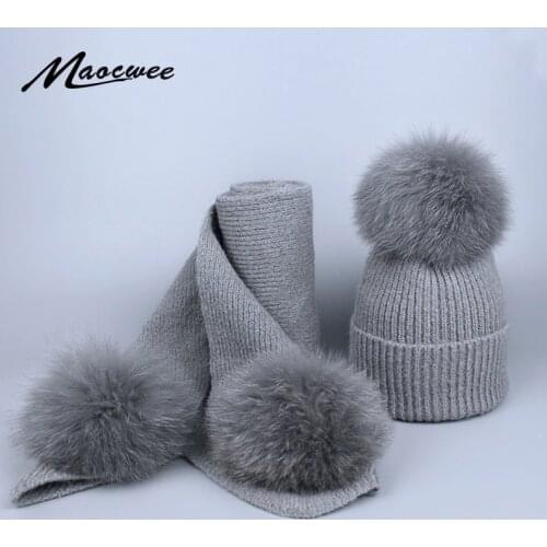 Women Childrens Scarf Hat Set Pompoms for Knitting Real Fox Fur Ball Autumn And Winter Warm Girl Skullies Beanies High Quality