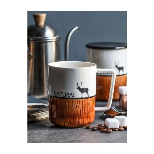 Nordic Ceramic Mug With Lid Spoon Imitation Wood Grain Simple Literary Creative Office Cup Large Capacity Coffee Tea Drinkware