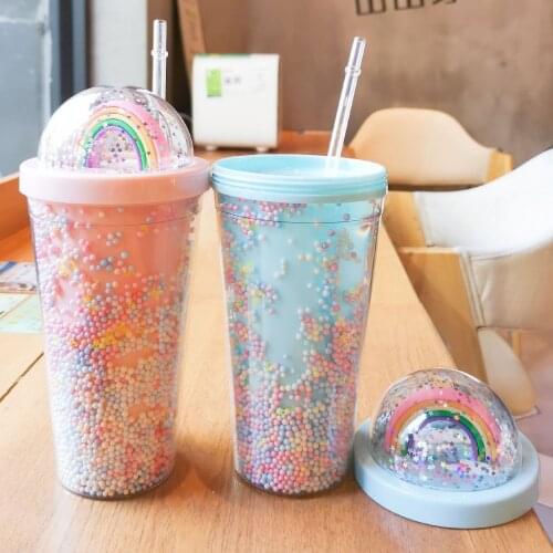 Double layer rainbow plastic water bottle with straw Korean creative sweet cup milk coffee tea cup drink cup
