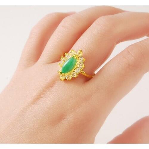 24K Gold Color Gold Plating Rings for Women Vintage Retro Clothing Accessories Green Stone Fashion Jewelry olde worlde look