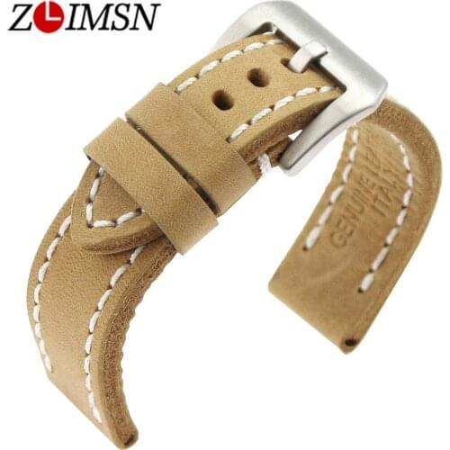ZLIMSN Genuine Leather Watch Band THICK KHAKI / YELLOW 20mm 26mm 316L Brushed Stainless Steel Buckle with Spring Bars