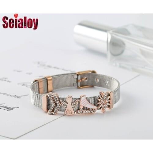 Seialoy Two-Tone Stainless Steel Mesh Bracelets For Women Original My Angel & Skate shoes Beads Belt Bangle Boys Girls Jewelry