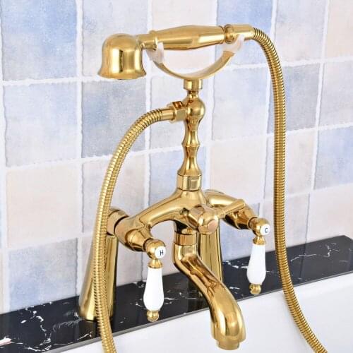 Modern Luxury Golden Brass Deck Mounted Bathroom Tub Faucet Set with 1500MM Handheld Shower Spray Head Bath Mixer Tap 2tf790