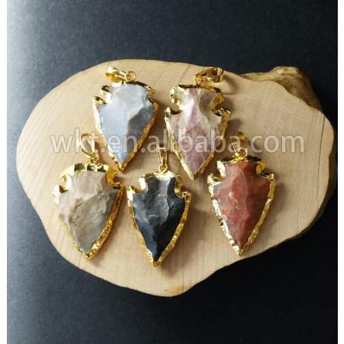 WT- P724 raw arrowhead stone pendant multicolor indian stone pendant arrowhead shape pendant in 24k gold trim for women