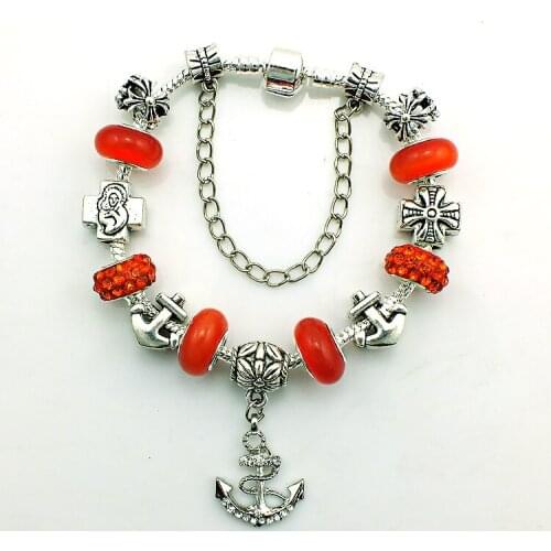 JINGLANG Brand Fashion Silver Plated Red Rhinestone Murano Glass Beaded Infinity Anchor Charms Bracelets For Women DIY Jewelry