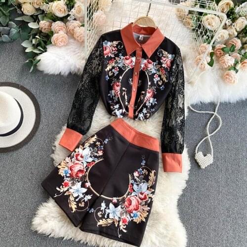 2021 Runway Summer Flower Print Shorts Two Pieces Sets Womens Lace Patchwork Long Sleeve Shirt Tops + Short Suits