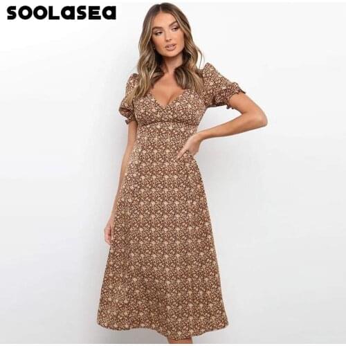 Soolasea Elegant Summer Puff Sleeve Print Dress Sexy Deep V-neck Women Dresses 2021 New Fashion A-line Midi Dress Vestidos