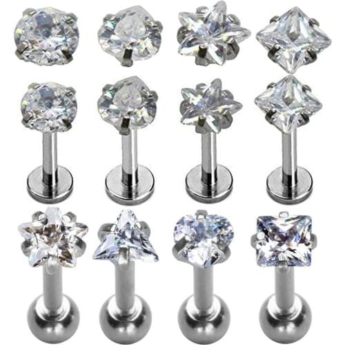 1PC Steel Crystal Labret Monore Rings Lip Piercings Heart Star Orelha Cartilage Ear Helix Stud Tragus Barbell Piercings Jewelry