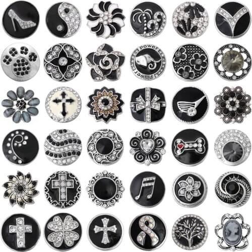 6pcs/lot Wholesale Black Snap Button Jewelry Mixed Rhinestone Flower 18mm Snap Button for 20mm 18mm Snap Bracelets Bangles