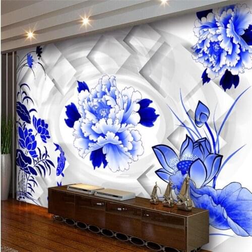 Beibehang Large wallpaper murals photo custom any size fashion blue and white porcelain 3D living room TV backdrop wallpaper