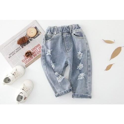 1 2 3 4 5 Years Toddler Baby Jeans Ripped Casual Jeans Kids Boy Pants Elastic Waist Denim Pants Child Spring Autumn Trousers New