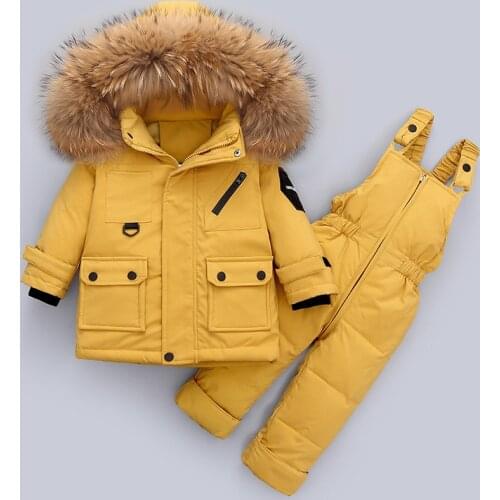 -30 Winter Snowsuit Children Clothing Set Baby Boy White Duck Down Waterproof Jacket for Girl Kids Coat + Bib Pants Enfant Parka