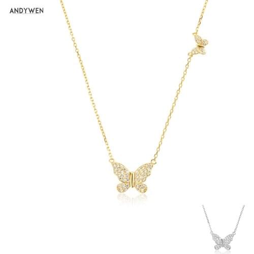 ANDYWEN 925 Sterling Silver Clear Big Butterfly Pendant Small Butterfly Long Chain Crystal Zircon Crystal Luxury Jewelry Gift