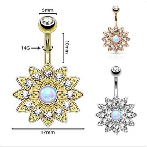 Hot new boutique rose gold gem Opal navel ring Paved Crystal petal Austria Flower Belly Bar Ring With Synthectic Opal Centre