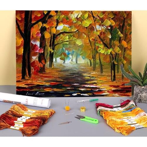 Fall Forest Printed Canvas 11CT Cross Stitch DIY Embroidery Full Kit DMC Threads Handiwork Handicraft Needlework Gift