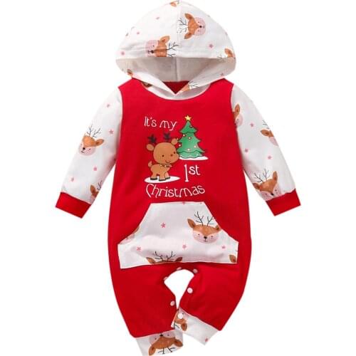 Unisex Baby Girls Boys Christmas Printed Romper, Long Sleeve Hooded Jumpsuit with Front Pocket