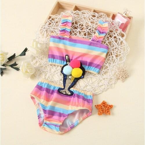 FOCUSNORM 1-5Y Summer Infant Kids Girls Bikini Ice Cream Print Rainbow Striped Swimwear Beachwear