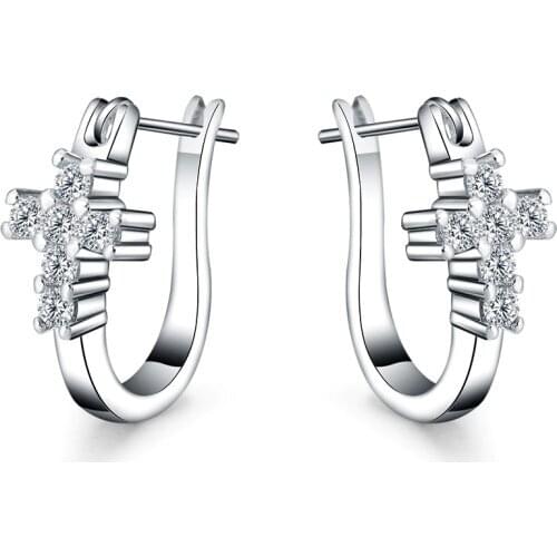 Fashion 925 Silver Earrings Zircon Crystal Cross Earrings Woman Glamour Jewelry Gift