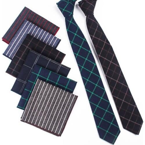 Mens 6cm Slim Cotton Tie Set Plaid Striped Print Pocket Square Necktie Suit Men Business Wedding Gravata Accessories Tie Set