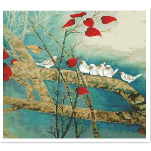 White birds and red leaves cross stitch kit aida 14ct 11ct count canvas cross stitches needlework embroidery DIY handmade