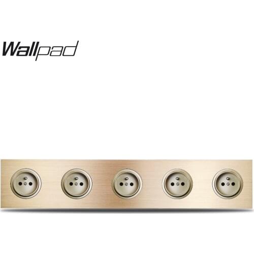 Wallpad L6 Gold 5 Gang Frame Quintuple French Electric Power Outlet Wall Socket Gold Brushed Aluminum Metal Panel, 430*86mm