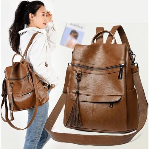 New Women Backpacks Soft Leather Fashion Casual Tassel Bags Female Shoulder Bag Large Capacity School Backpack for Teenage Girls