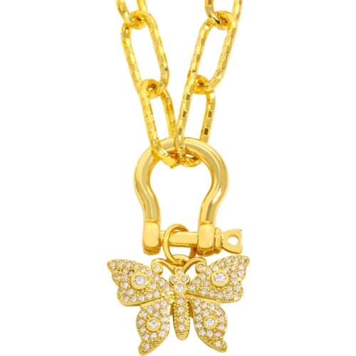 FLOLA Gold Chunky Thick Chain Butterfly Necklace For Women Punk CZ Pave Zirconia Pendant Necklace Designer Jewelry Gifts nkev32