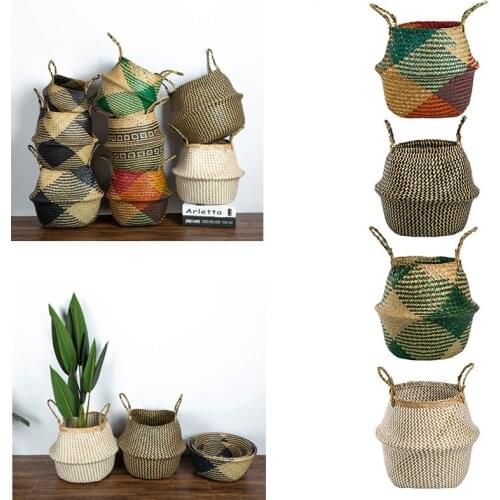 Bohemian Wicker Belly Basket Handcraft Foldable Storage Baskets for Plant Pot Storage Laundry Picnic Grocery Bins Home Supplies