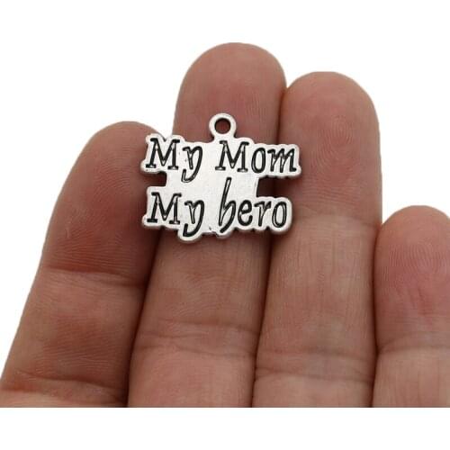 JAKONGO Antique Silver Plated "My Mom MY Hero" Charms Pendants for Jewelry Making Bracelet DIY Accessories 25x20mm 10pcs