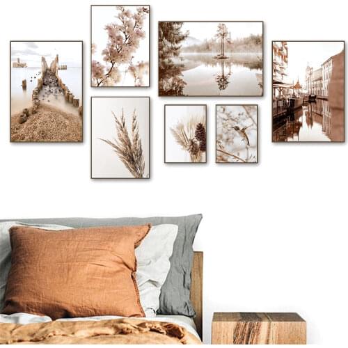 Beige Lake Forest Canvas Poster Reed Grass Flower Wall Art Print Painting Landscape Posters Nordic Wall Pictures Bedroom Decor