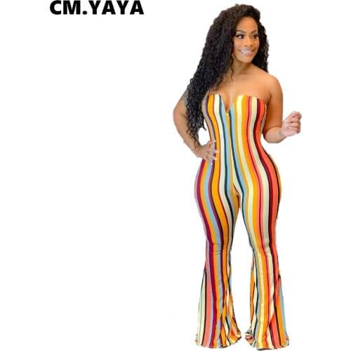 CM.YAYA Women Jumpsuit Sheath Elastic Striped Sleeveless Strapless V-neck High Waist Flare Floor-length Jumpsuit High Streetwear