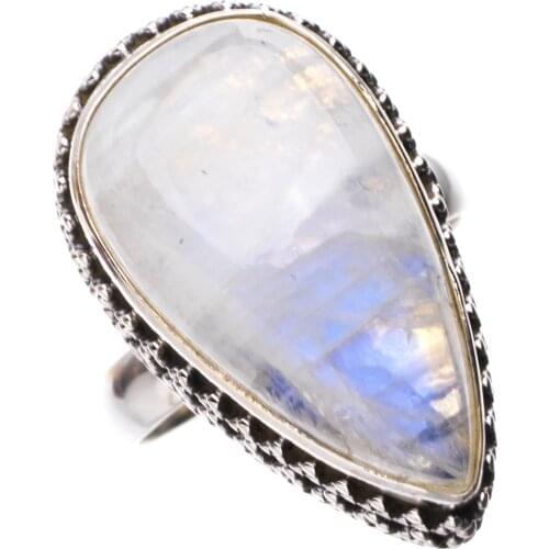 StarGems Natural Rainbow Moonstone Handmade 925 Sterling Silver Ring 7 E3202