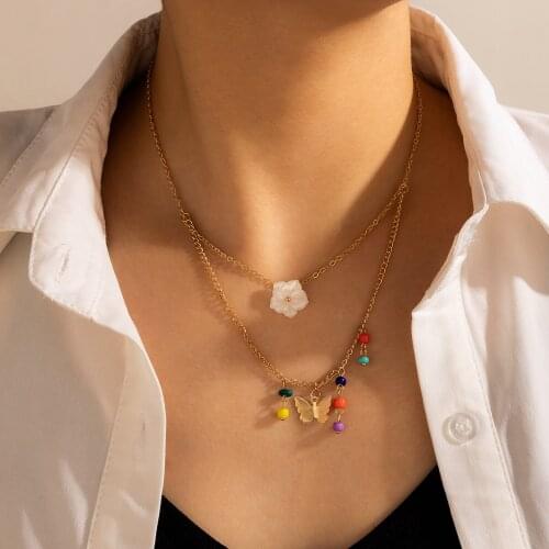 Tocona Exquisite Butterfly Pendant Necklace for Women Colorful Bead Pretty Flowers Gold Color Alloy Metal Jewelry Gift 13729