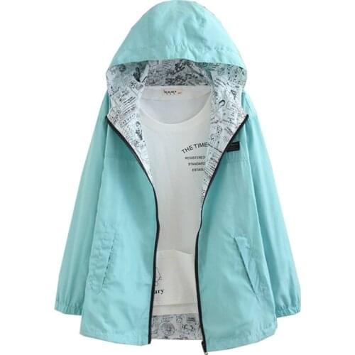 XUANHAO Autumn 2020 Women Jacket Coat Pocket Zipper Hooded Two Side Wear Cartoon Print Outwear Girls Green Loose Jackets