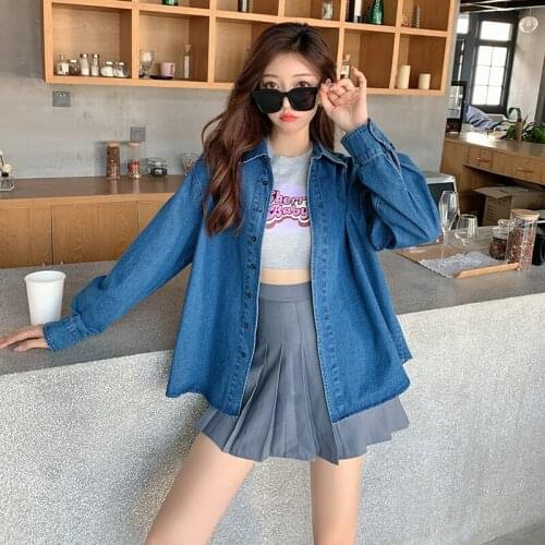 Oversized Vintage 2021 Fall Denim Shirts Long Sleeve Turn-down Collar Loose Blouses For Women Plus Size Female Tops T017