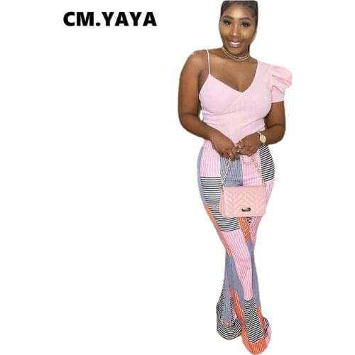 CM.YAYA Women Set Asymmetrical Short Puff Sleeve V-neck Slim Tops Skinny Long Flare Pants Two 2 Piece Sets Sexy Outfits Summer
